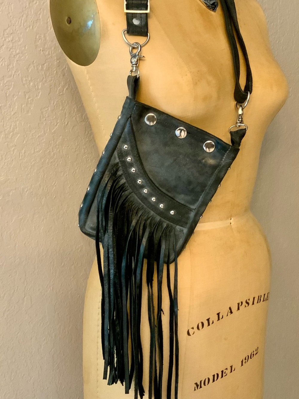 Leather Biker Crossbody Bag with Silver Studs and Fringe, Hip Bag